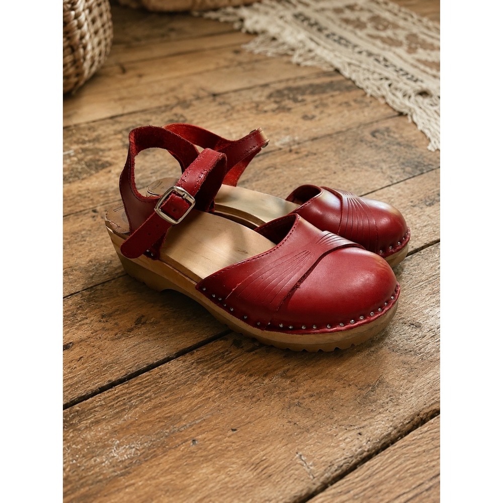 Troentorp Swedish Clogs Red Leather Mary Jane Wood Boho Sandals Cottagecore 40